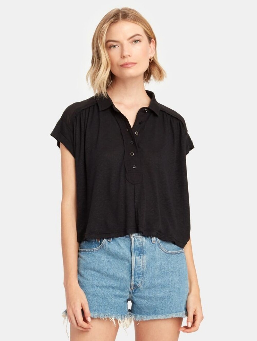 Free People Low Down Henley Oversized Linen Top Dark Gray Size S Boho Coastal